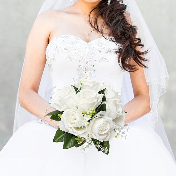 Eforcase Wedding Bouquet - Artificial White Rose Flower Bouquets for Bride and Bridesmaid - Faux Ribbon Holding Flowers for Wedding Decor