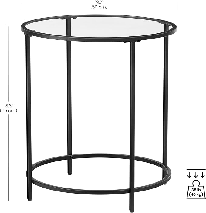 VASAGLE Round Side Tables, Set of 2, Glass End Tables with Metal Frame, Black Coffee Tables with Modern Style, for Living Room, Balcony, Bedroom, Black