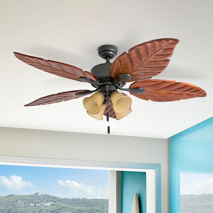 Honeywell Ceiling Fans Royal Palm, 52 Inch Tropical LED Ceiling Fan with Light, Pull Chain, Three Mounting Options, Hand Carved Solid Wood Blades - Model 50503-01 (Bronze)