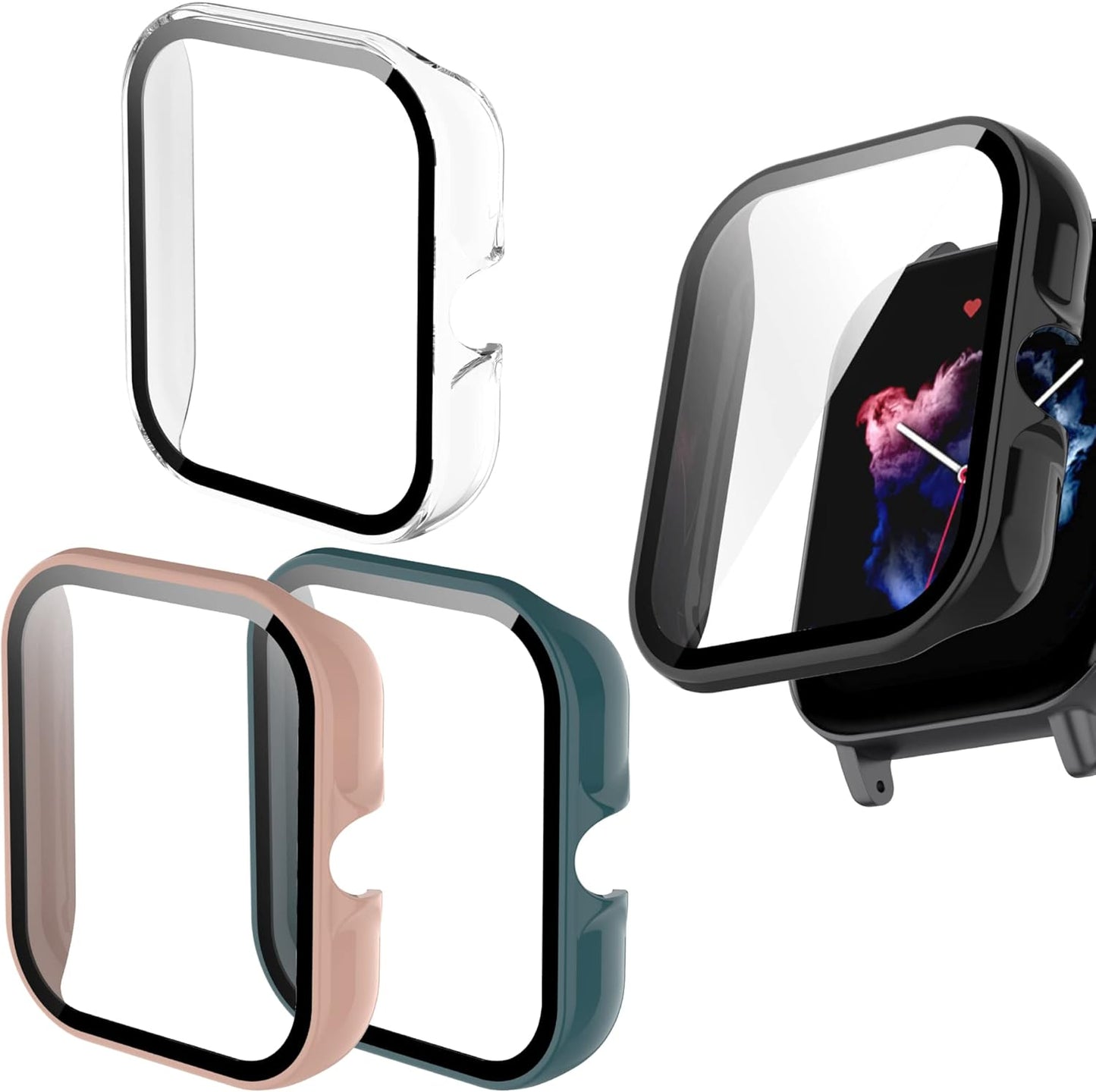 ECSEM Screen Protector with Hard PC Bumper Case for Amazfit GTS 3, All-Around Protective Shell, Clear+Pink+Green