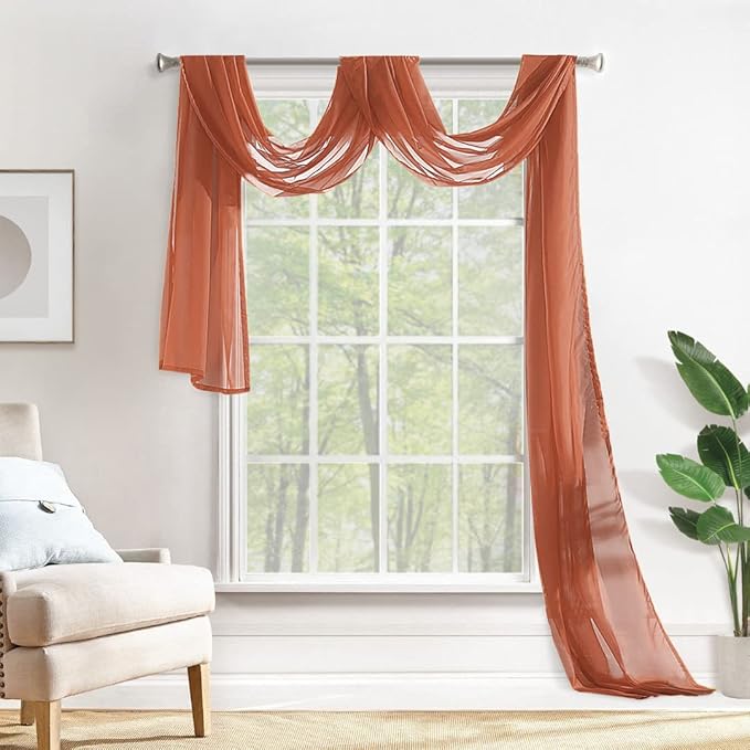 MIULEE Sheer Window Scarf Valance Extra Long Topper Terracotta Elegant Swag Curtains Luxury Draping Fabric for Wedding Arch Party Ceremony Canopy Bed Fall Decor, 37'' x 216'' One Panel, Burnt Orange