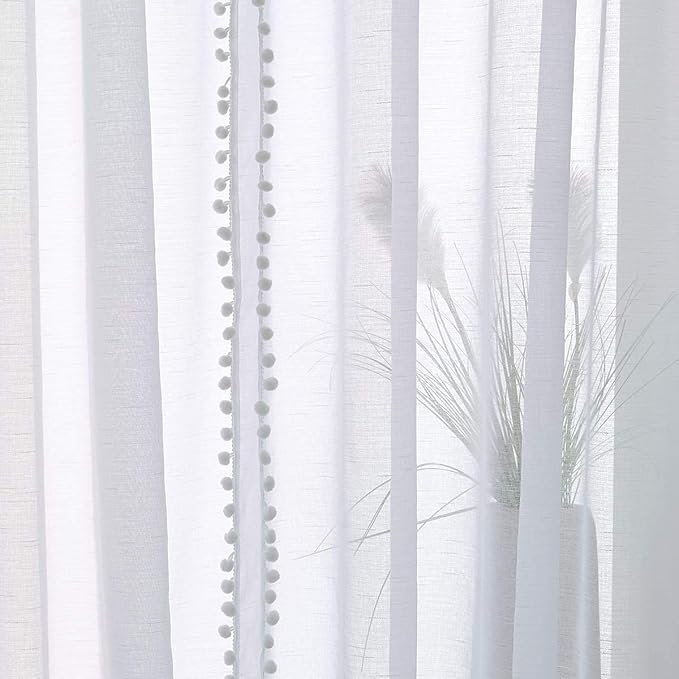 Treatmentex Pom-Pom Sheer White Curtains Extra Long 108-inch for Living Room, Slub Linen Textured White Sheer Window Drapes for Bedroom 2 Pack 52" w