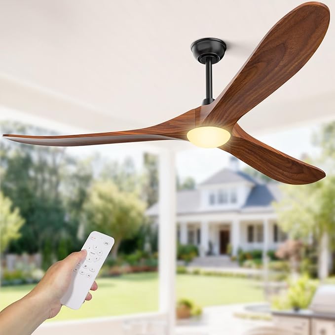 Obabala Ceiling Fans with Lights and Remote, 60inch Outdoor Ceiling Fan 3 Solid Wood Blades Fan with 3 Downrods for Patios, Modern Ceiling Fan with Noiseless Reversible DC Motor (Solid Wood, 60in)