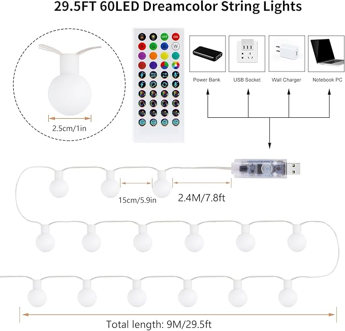 OMIKA Smart Christmas Lights Indoor, 29.5ft 60LED 213 Modes USB Powered Decorative Lights, Color Changing Globe Fairy String Lights APP Remote Music for Room Party Wedding Xmas Girl Tent Outdoor Décor