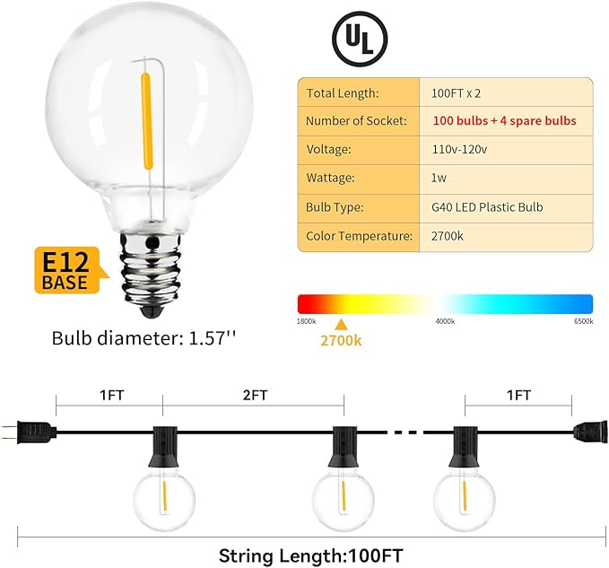 200ft 2-Pack Outdoor String Lights,Dimmable G40 LED String Lights with 104 Shatterproof Clear Bulbs UL Approval Waterproof Globe 1W 2700K Outdoor Lighting for Backyard Porch Cafe Party Wedding Garden