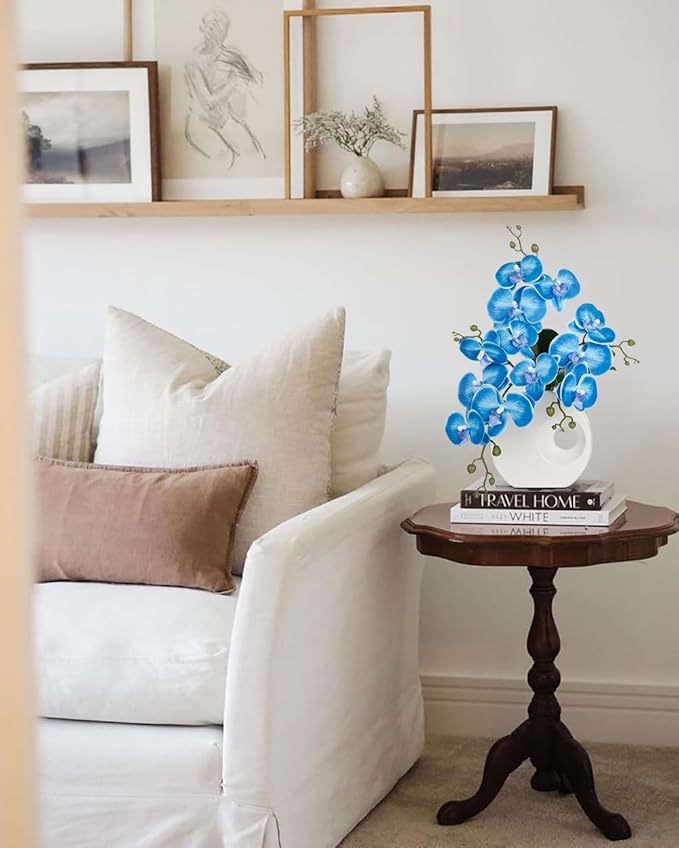 Briful Artificial Orchid Flowers in Modern Ceramic Vase 15.7" Tall Blue Faux Orchid Arrangement Silk Orchid Flower Fake Orchid Centerpiece for Home Office Room Wedding Table Décor