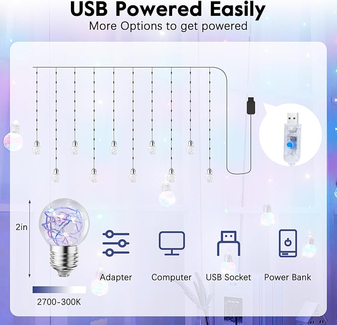 Minetom 200 LED Wishing Ball Curtain Lights - Fairy String Lights with Remote, USB Powered Waterproof for Christmas Wedding Party Bedroom Decoration, Multicolored