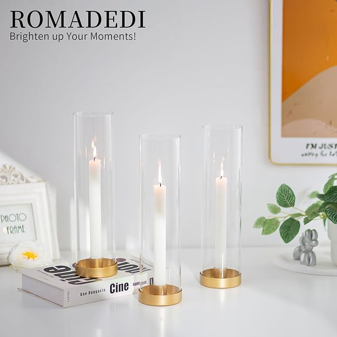 Romadedi Glass Hurricane Candle Holders Gold - 12 Inch Taper Candlestick Holder Bulk Clear Glass Cylinder Table Centerpiece Wedding Decor Party Birthday Christmas Home Decorations, Set of 6