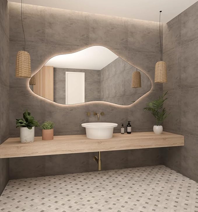 Asymmetrical Bathroom LED Mirror, Modern Irregular Shape Wall Mirror with LED Lights, Frameless Aesthetic Backlit LED Illimunated Vanity Mirror (50" x 25" inc)