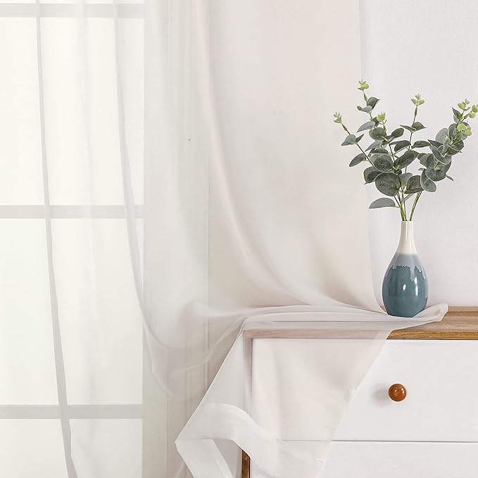 OWENIE Sheer Curtains Ivory, 45" Long Light Filtering Tiers for Kitchen, Bedroom, Short Panels Rod Pocket 2 Panels, Cafe Curtains Small Window, 42" W x 45" L