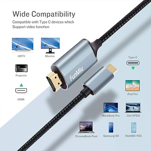 USB C to HDMI Cable, [4K, High-Speed] USB Type C to HDMI Cable for Home Office, [Thunderbolt 3/4 Compatible] for MacBook Pro/Air 2020, iPad Air 4, iPad Pro 2021, iMac, S23, XPS 17, and More-6ft Grey