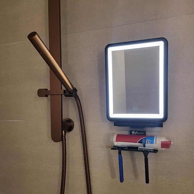 Vanity Mirror with Lights | Fogless Shower Mirror | 3 Light Lightweight Shaving Mirror with A Squeegee | Rust-Proof LED Wall Mirror | Storage Shelf for Bathroom Accessories (Black)