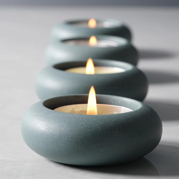 Handmade Decorative Pebble Tealight Candle Holders Set of 8 - Handcrafted Home Decor Accent for Calming Earthy Aesthetic Cement Grey Blue Diameter 2.6 inches