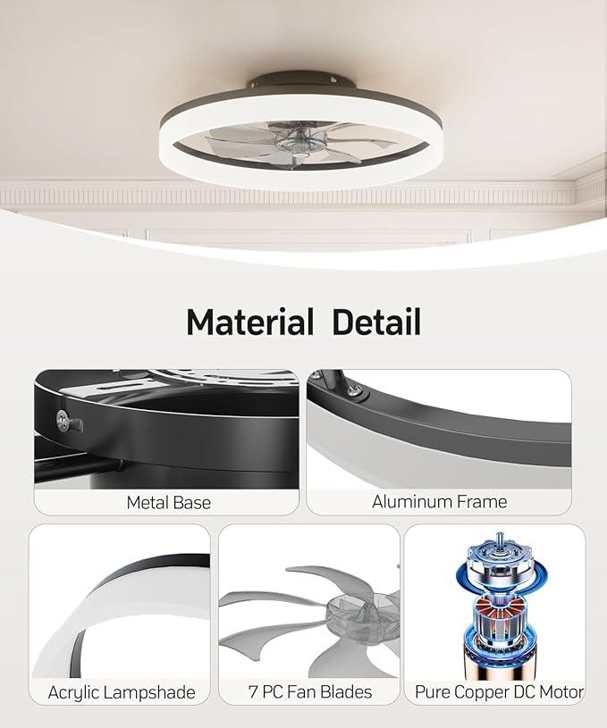 Smart Ceiling Fans with Light and Remote,20'' Low Profile Ceiling Fan with 6-Speed & Dimmable LED, Alexa/APP Home Voice Control, App, Reversible Airflow, App Timer, for Beedroom（Black）