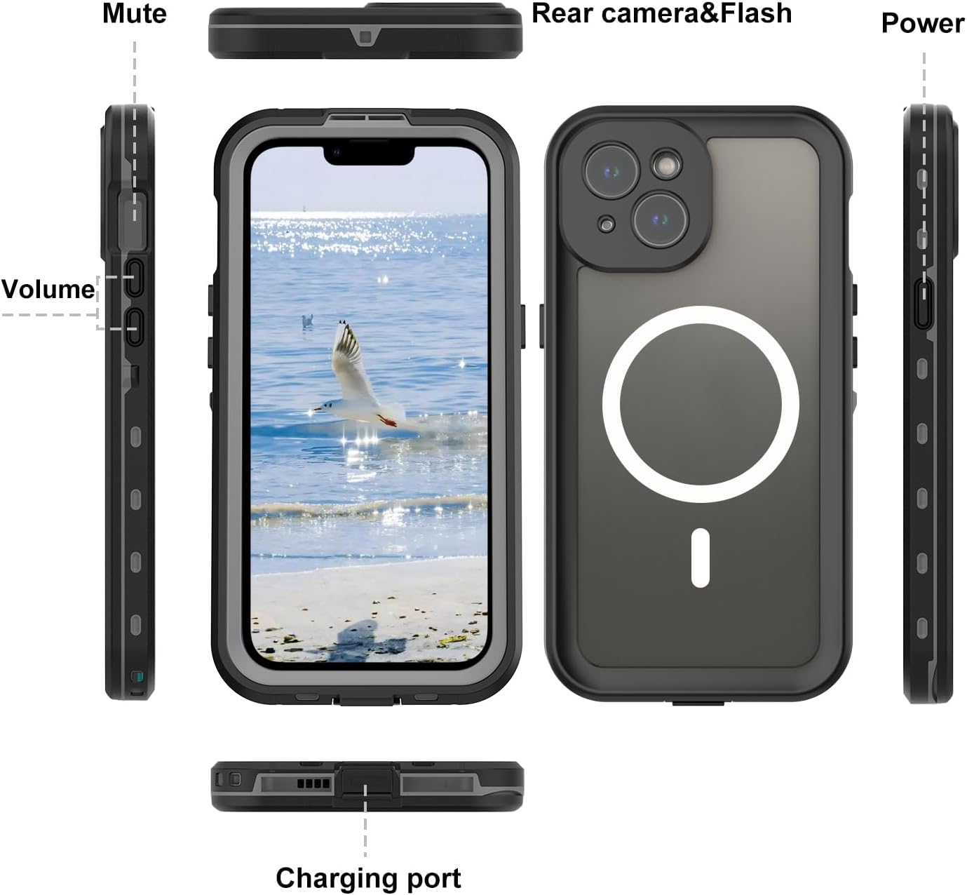 Full Body Case for iPhone 15 Plus 6.7 Inch, Waterproof Anti-Scratch Clear Magnetic Rugged Protector, Black-Gray
