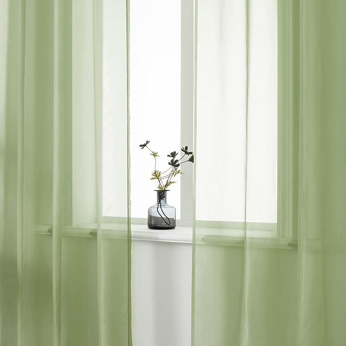 DUALIFE Sage Green Sheer Curtains 45 Inch Length for Kitchen Window 2 Panels Set Home Decoration Spring Window Treatments for Living Room Bathroom Dining Room St Patric Day Decor 52X45 Inhces Long