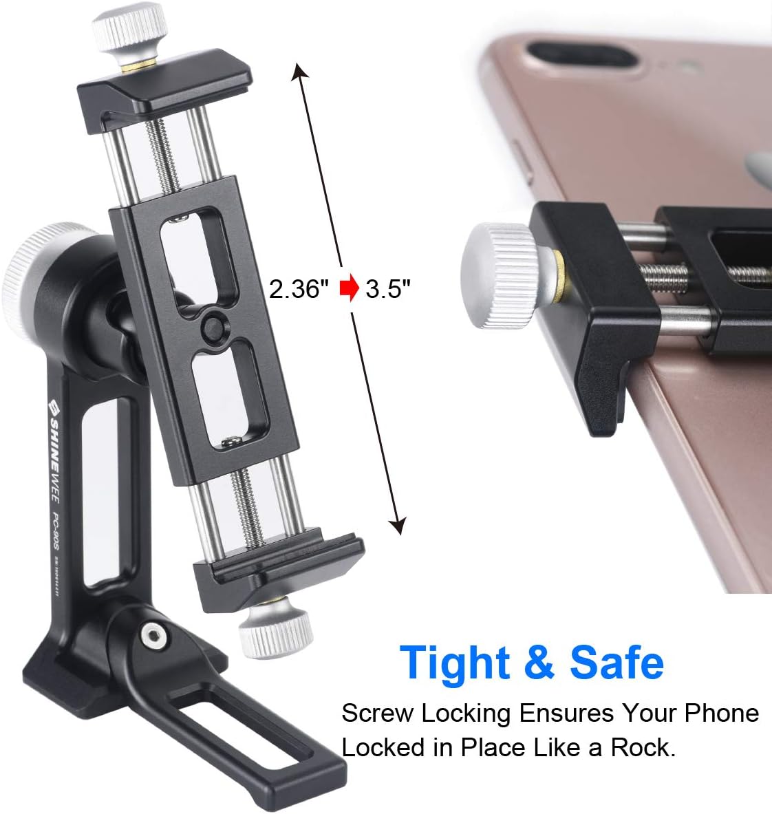 Metal Phone Tripod Mount Adapter, Phone Holder Stand with Arca Swiss and 1/4" Screw Mount, 360 Degree Rotate