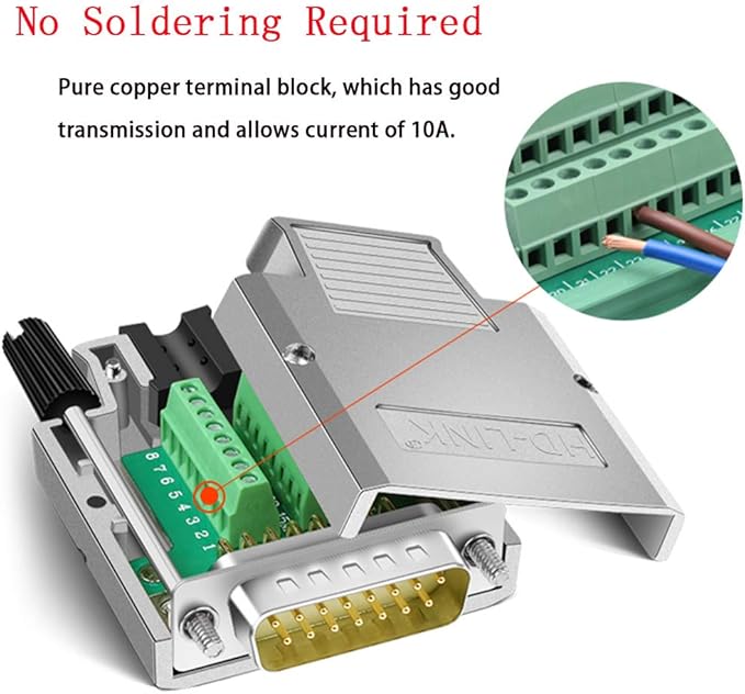 DB15 Solderless Serial to 15-pin Port Terminal Adapter Connector Breakout Board with Case Long Bolts Nuts (Male Metal)