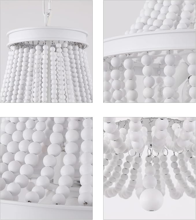 Q&S Beaded Chandelier Farmhouse White Wood Beaded Boho Light Fixture Vintage Antique 8 Lights for Dining Room Nursery Kitchen Foyer Bedroom Living Room UL Listed