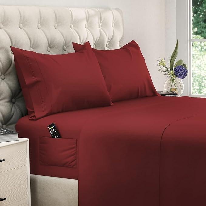 DREAMCARE Queen Size Sheets - Cooling Bed Sheets - 4pcs Set - up to 15" Deep Pocket Queen Sheet Set - Sheets Queen Size Bed - Soft & Long Lasting 100% Fine Brushed Polyester with Side Pocket -Brgndy