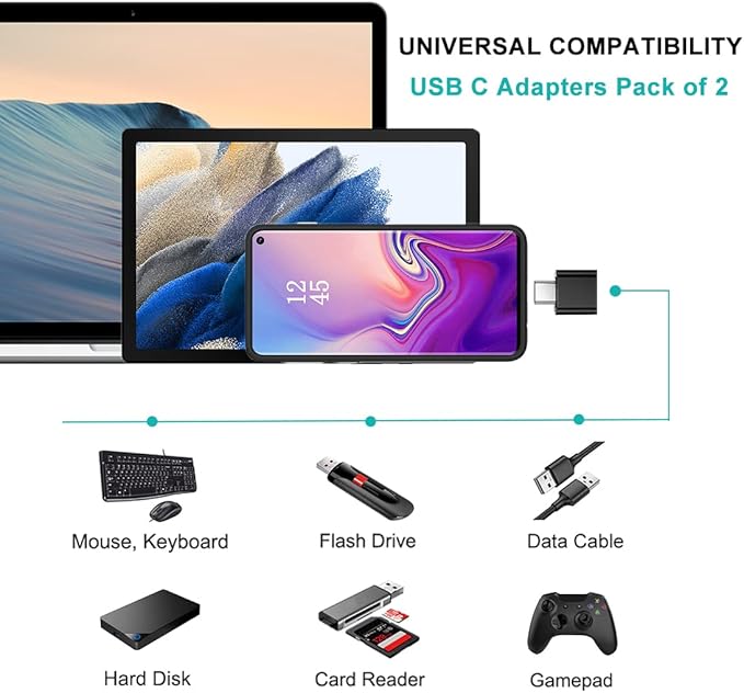 USB C to USB Adapter (Pack of 2), USB C OTG Adapter, Type C to USB-A Converter, Compatible with iPhone 17/16/15, Galaxy S25/S24/S23, iPad, MacBook and More, Black and Silver