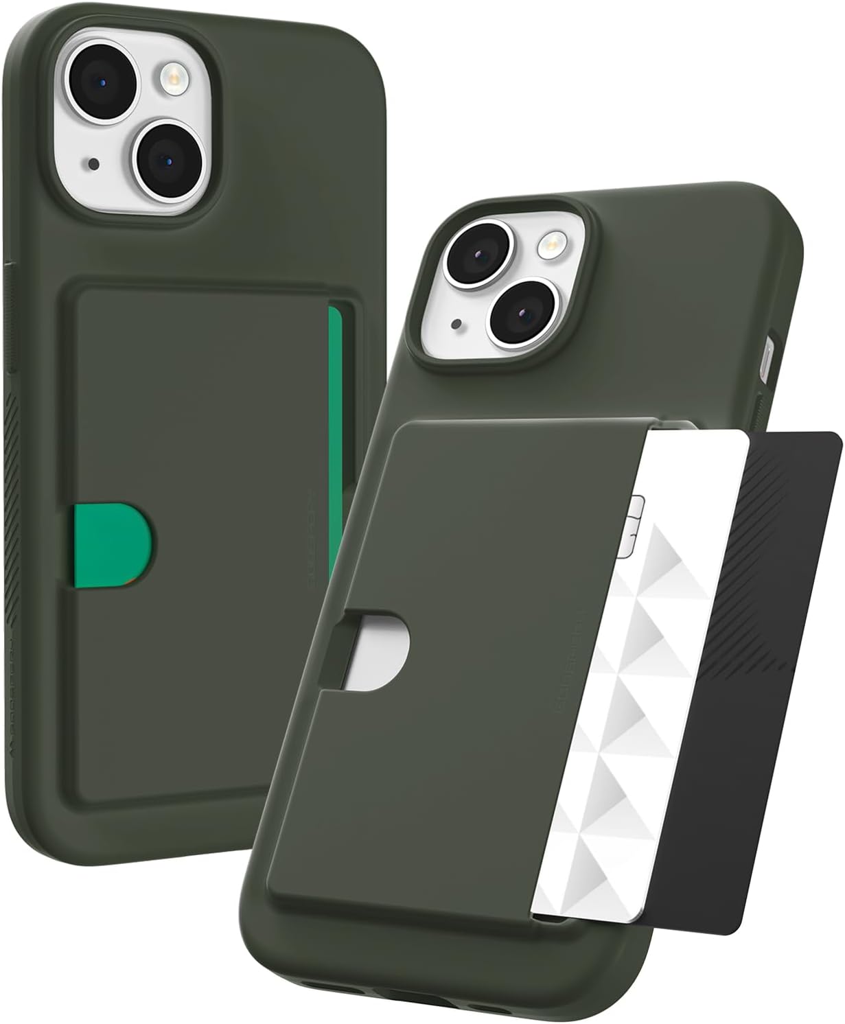 GOOSPERY Rail 2 Card Case Wallet for iPhone 15, Light Silicone + Soft Protection, Dark Green