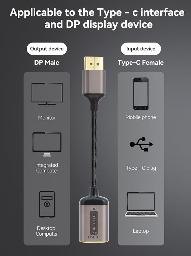 ELUTENG USB C to Display Port Adapter 4K@60Hz USB Type C 3.1 to DP Converter Uni-bidirectional USB C Female to DP Male Cord Compatible for iPhone 15 Series, MacBook, iMac, iPad Pro, Galaxy 7 inch