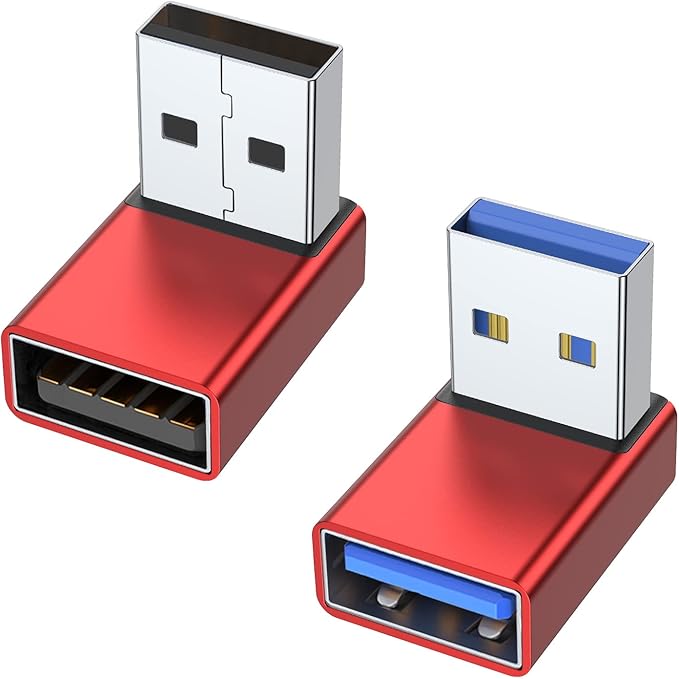 AreMe 90 Degree USB 3.0 Adapter 2 Pack, Up and Down Angle USB A Male to Female Converter Extender for PC, Laptop, USB A Charger, Power Bank and More (Red)