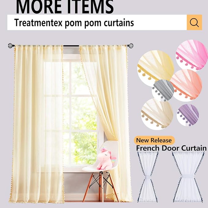 Treatmentex Pompom Sheer Green Curtains for Bedroom 72" Length Nursery Room Slub Textured Window Curtain Drapes for School Kindergarten 52" w x 2 Pack Rod Pocket, Sage Green