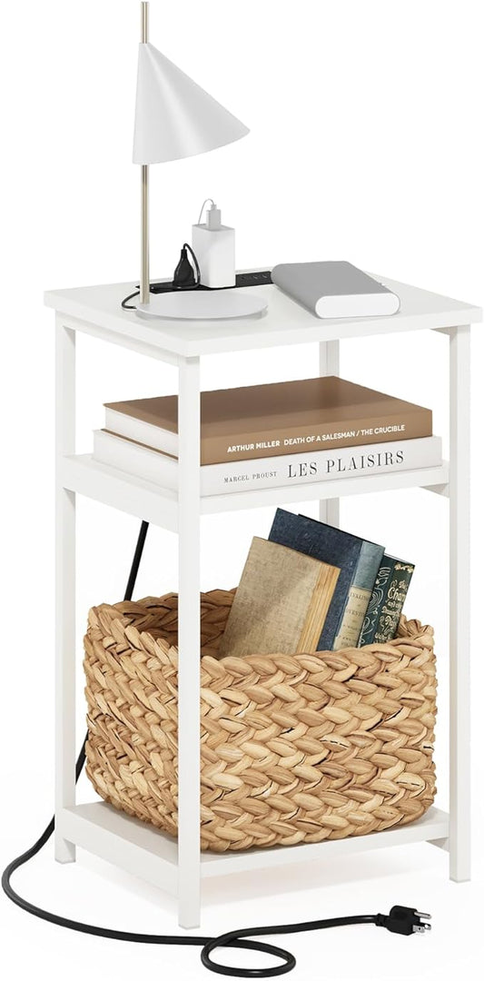 Furinno Moretti Side Table, 3-Tier End Table with Charging Station, Metal Frame Night Stand, Bedside Table with USB and Type-C Charging Port, for Living Room, Bedroom, White