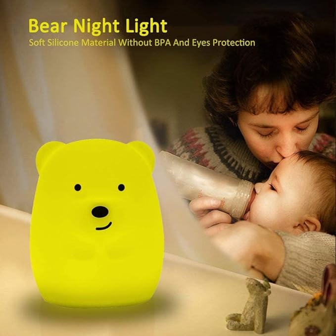 Bear Night Light for Kids, Rechargeable LED Children Lamp, Soft Silicone (BPA Free) for Baby/Boy/Girl/Adult, Remote & Touch Control Adjustable Brightness and Color (9 Colors), Eye Caring