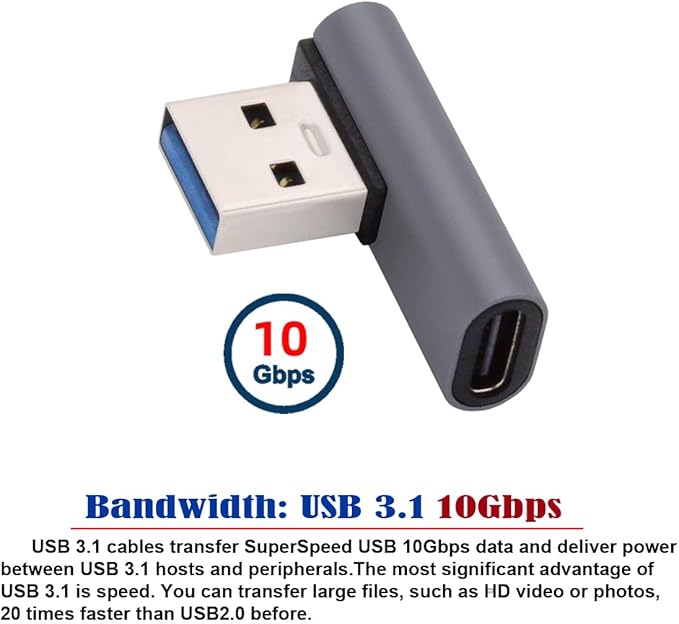 CY USB-C Type C Female Low Profile 90 Degree Left Angled to USB 3.0 A Male Data Adapter for Laptop Desktop