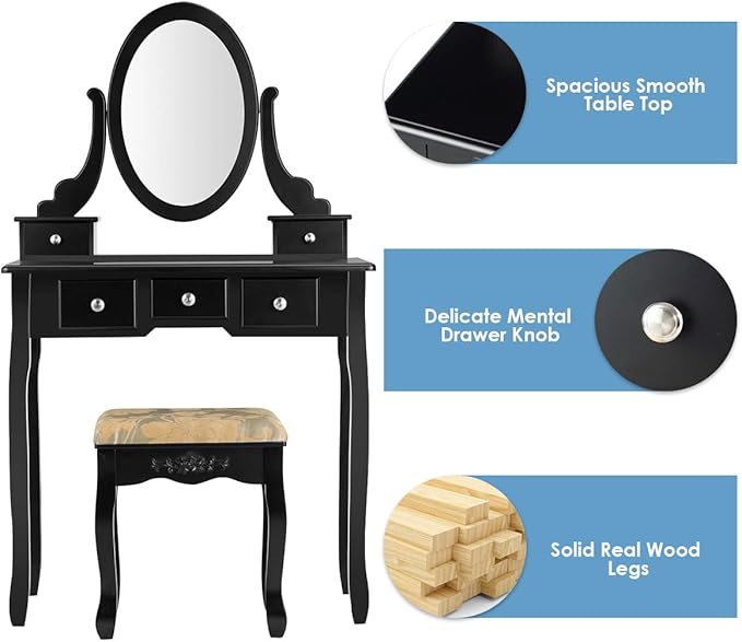 CHARMAID Vanity Table Set with Rotatable Oval Mirror, Bedroom Makeup Table with 5 Drawers for Women Girls, Dressing Table with Cushioned Stool (Black)