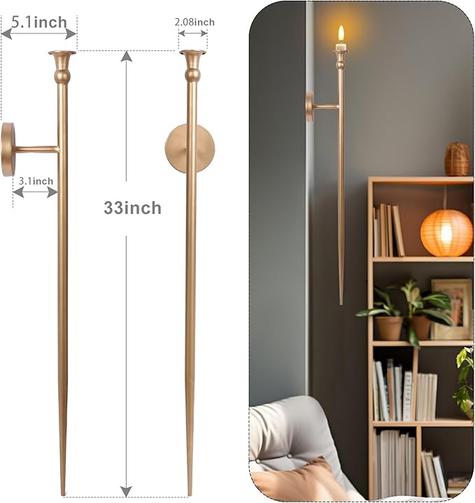 Candle Sconces Long Wall Candle Holder - Set of 2 Gold Long Wall Candle Sconce Retro Chic Wall Sconces Candle Holder Decoration for Dining Room, Living Room, Office, Bathroom