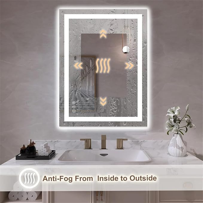 LED Bathroom Mirror 24"x 32" with Front and Backlight, Stepless Dimmable Wall Mirrors with Anti-Fog, Shatter-Proof, Memory, 3 Colors, LED Vanity Mirror(Horizontal/Vertical)