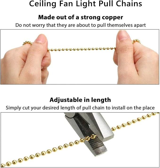 Ceiling Fan Pull Chain Set - 4 Piece Bulb and Fan Pattern Extension Pendant, 12 Inch Extender With Ball Connector (Brass)