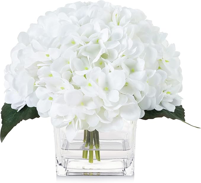 Silk Hydrangea Artificial Flowers in Vase with Faux Water, Silk Flower Arrangements in Vase for Wedding, Dining Table, Living Room (White)