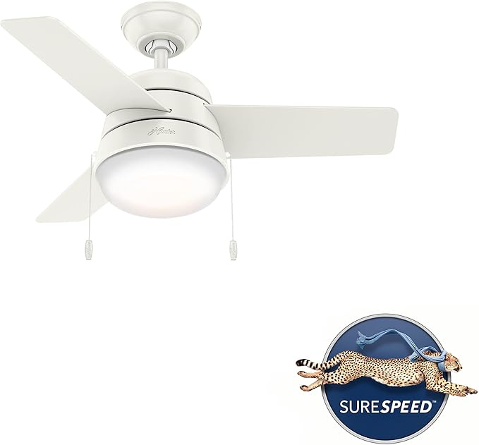 Hunter 36 inch Small Indoor Ceiling Fan with LED Light and Pull Chain - Modern Ceiling Fan, Standard Mount, 3 Blades, For Bedroom, Home Office, or Laundry Room, Quiet - Aker 59301, Fresh White