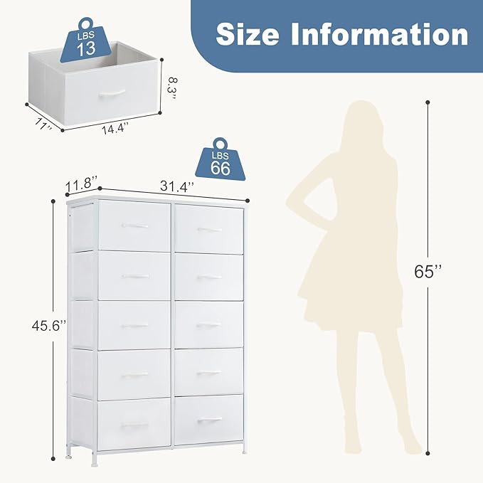 DUMOS Dresser for Bedroom, 10 Storage Drawers, Wide Fabric Closet Chests Organizer Tower Furniture with Wooden Top Metal Frame for Clothes, Guest Room, Living Room, Hallway, Entryway