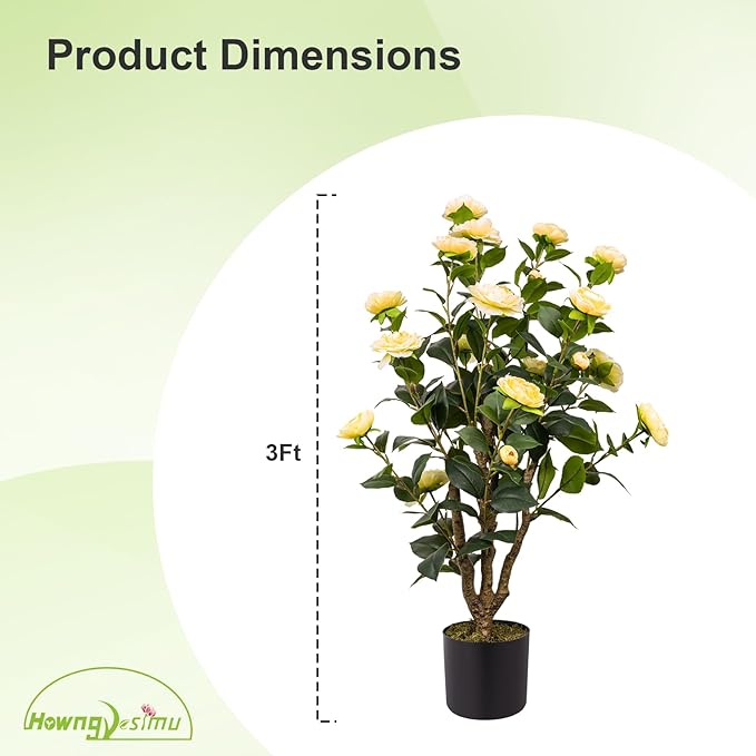 Artificial Camellia Tree, 3FT Yellow Fake Tree Blooming Camellia Flower Plant for Spring Home Front Door Outdoor Indoor Decoration