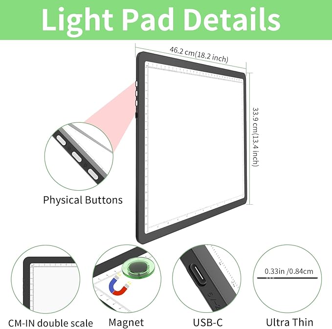 KOBAIBAN A4 Magnetic Light Box for Tracing, Rechargeable Diamond Art Light Board with Side Physical Buttons, 3 Color Light Modes Super Bright Light Pad Light Table for Drawing, Weeding Vinyl (Black)