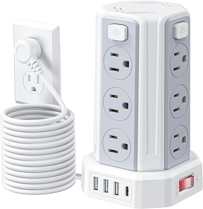 Power Strip Surge Protector, 16.4 Ft Extension Cord with 12 AC Multiple Outlets 4 USB (1 USB C), SMALLRT Power Tower Desktop Charging Station