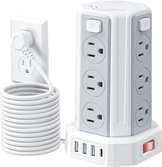 Power Strip Surge Protector, 16.4 Ft Extension Cord with 12 AC Multiple Outlets 4 USB (1 USB C), SMALLRT Power Tower Desktop Charging Station