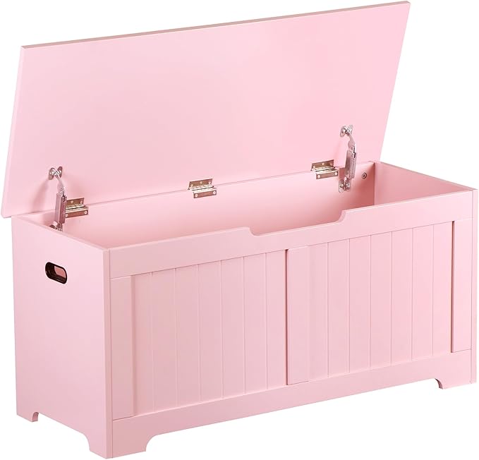 Wooden Storage Chest Box with Flip-top Lid & Safety Hinge, 39.4 Inch Living Room Organizer, Bedroom Bench, Pink