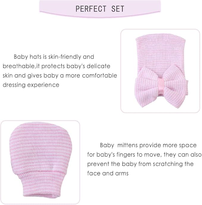 Baby Caps and Mittens Newborn Hospital Beanie Hats No Scratch Gloves Soft Babies Gift Set for Boys Girls