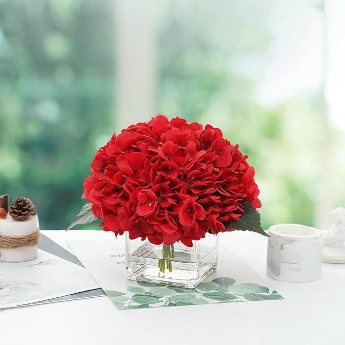 Silk Red Hydrangea Artificial Flowers in Vase with Faux Water, Faux Floral Arrangements in Vase for Home Decor, Wedding Table (Red)