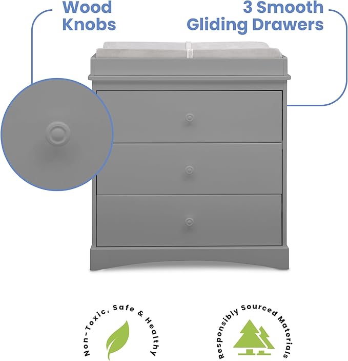 Delta Children Sutton 3 Drawer Dresser with Changing Top and Interlocking Drawers - Greenguard Gold Certified, Grey
