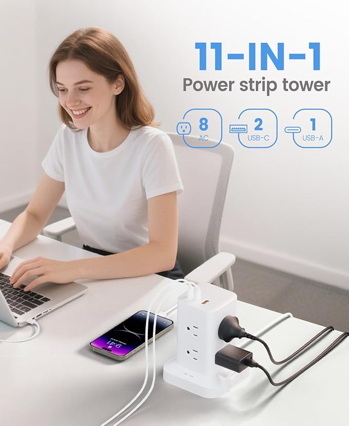 Power Strip Tower with Surge Protector 1800J, Fast Charging Tower PD20W USB-C Ports with 8 AC Outlets, 6ft Extension Cord for Home Office Dorm Room, White