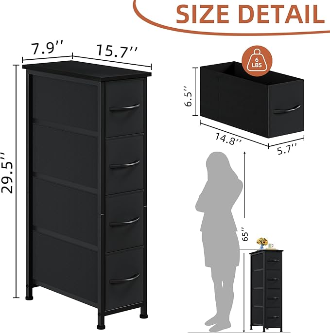 Somdot Narrow Dresser with 4 Drawers, Slim Storage Organizer Chest of Drawers with Removable Fabric Drawers for Small Spaces Bathroom Closet Bedroom Laundry, Black
