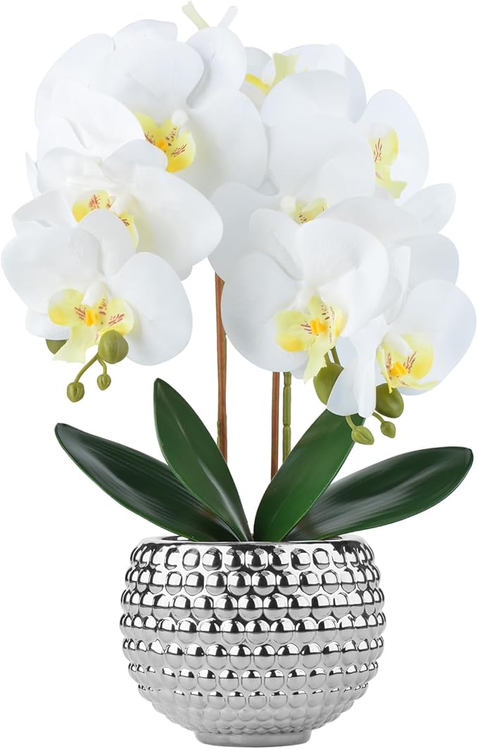 Large Orchids Artificial Flowers, 17'' White Faux Orchids with Gold Pot for Living Room Decor, White Faux Orchid Plant for Bathroom Kitchen Home Indoor Hotel Decor (Large Silver)